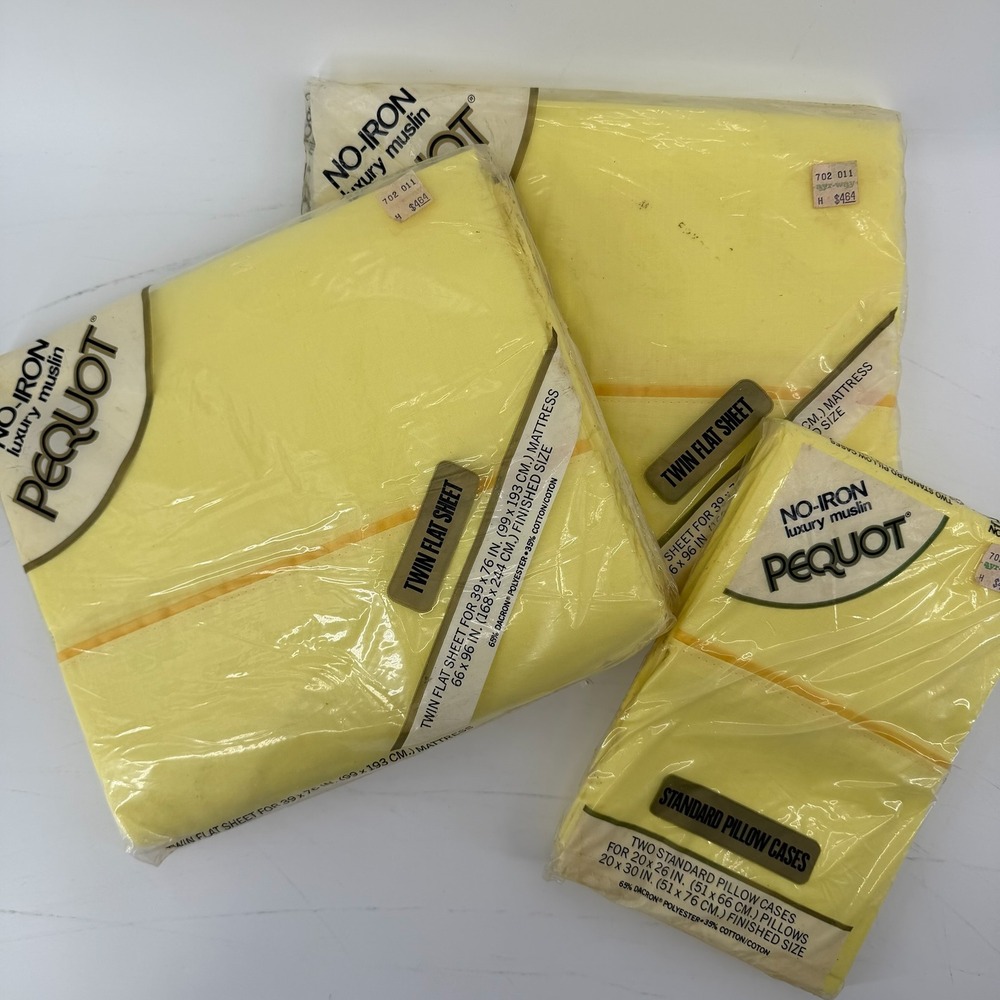 Vintage Pequot Yellow Twin Flat Sheets‎ and Pillowcases Set 4pc No Iron Muslin